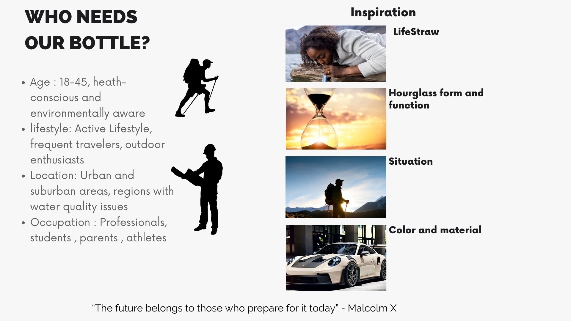 Slide defining who needs the bottle — active, health-conscious 18 to 45 year olds — with inspiration references including LifeStraw, an hourglass, a hiker, and a sports car for color and material.