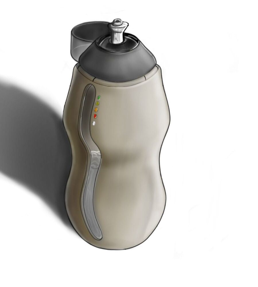 Rendering of the Clear water filtration bottle, tan colored with a status-indicator light strip down the side.