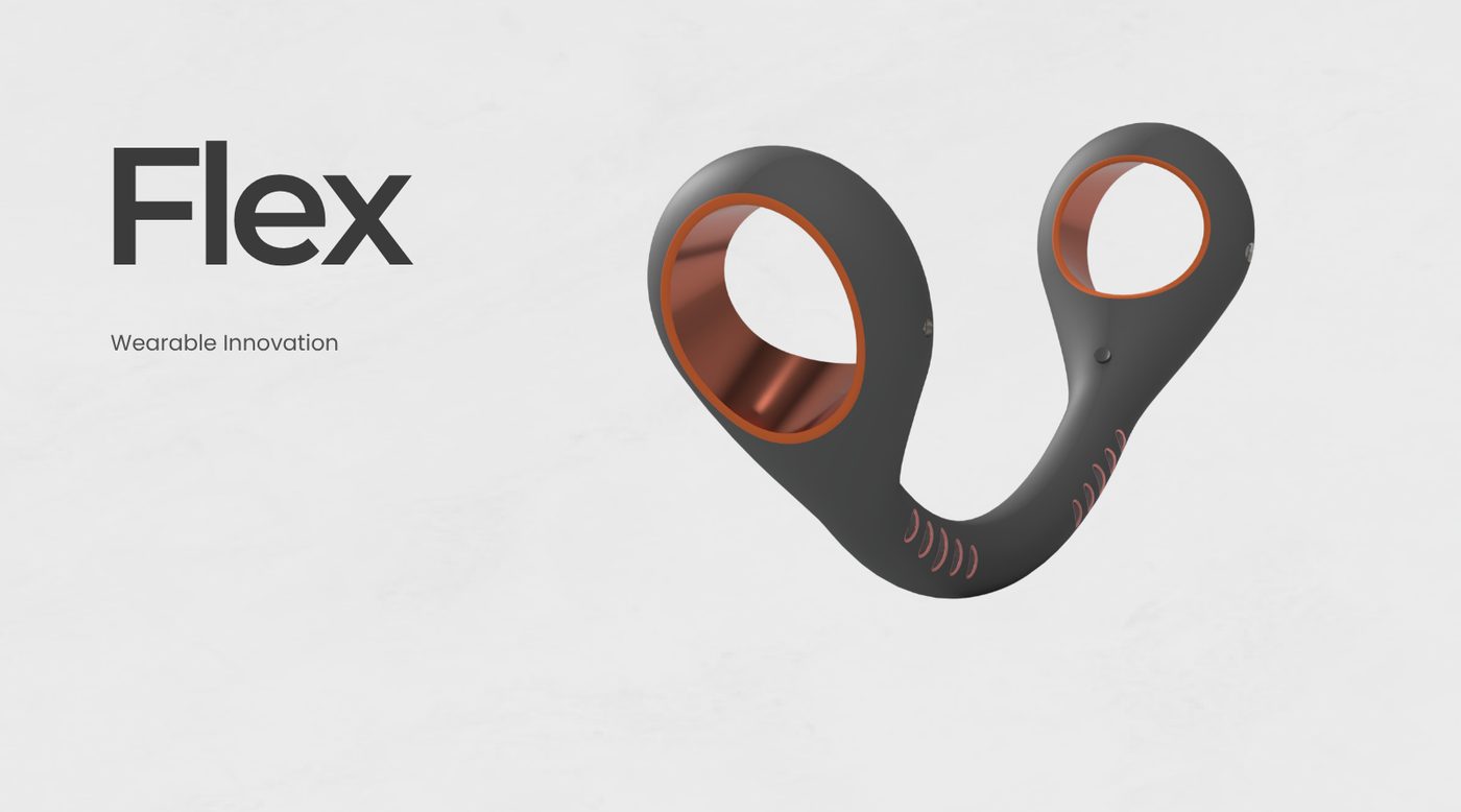 Render of the Flex neckband dryer concept in dark grey with copper-lined air outlets.