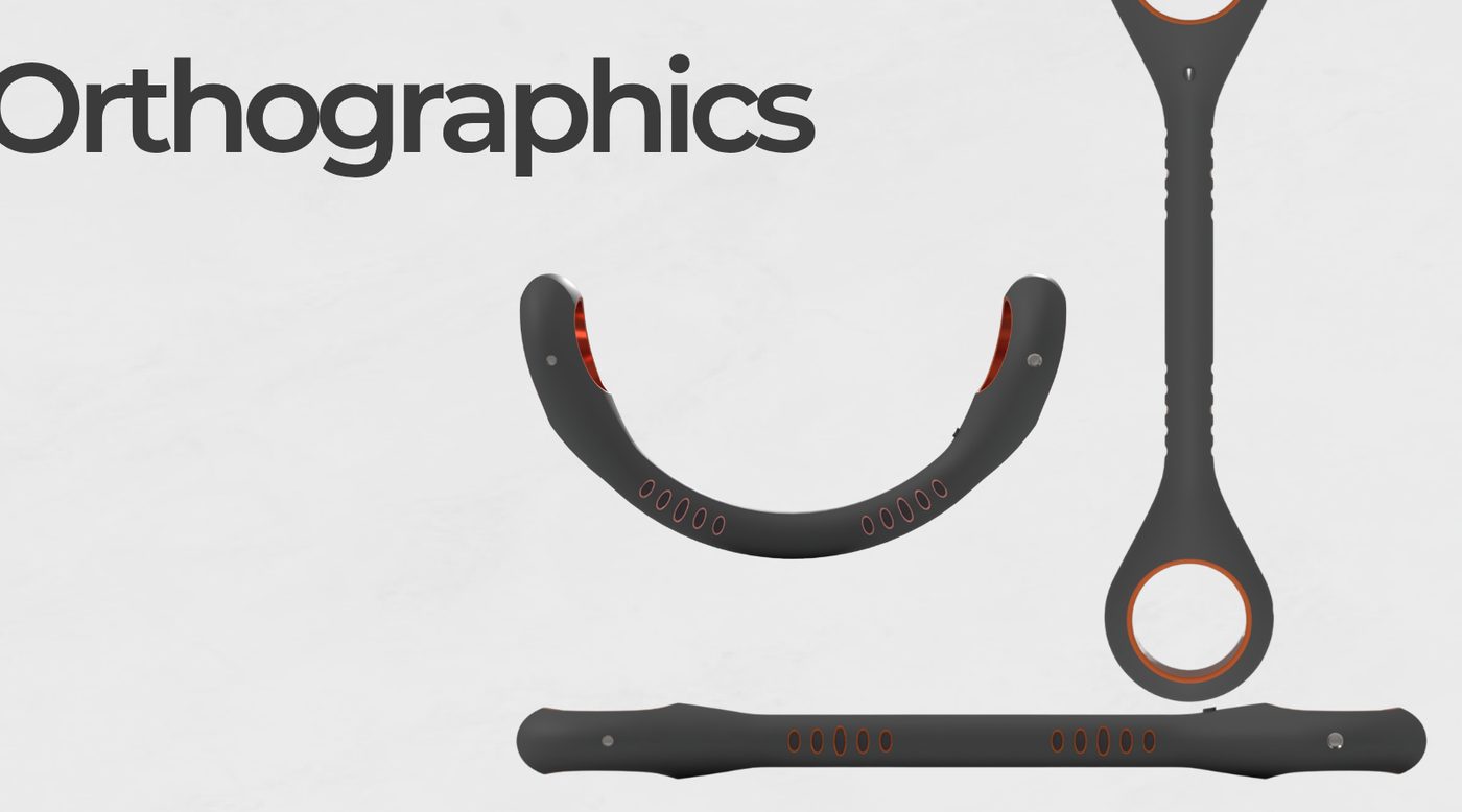 Orthographic drawings of the final Flex neckband, front and side, showing the dual air channels.