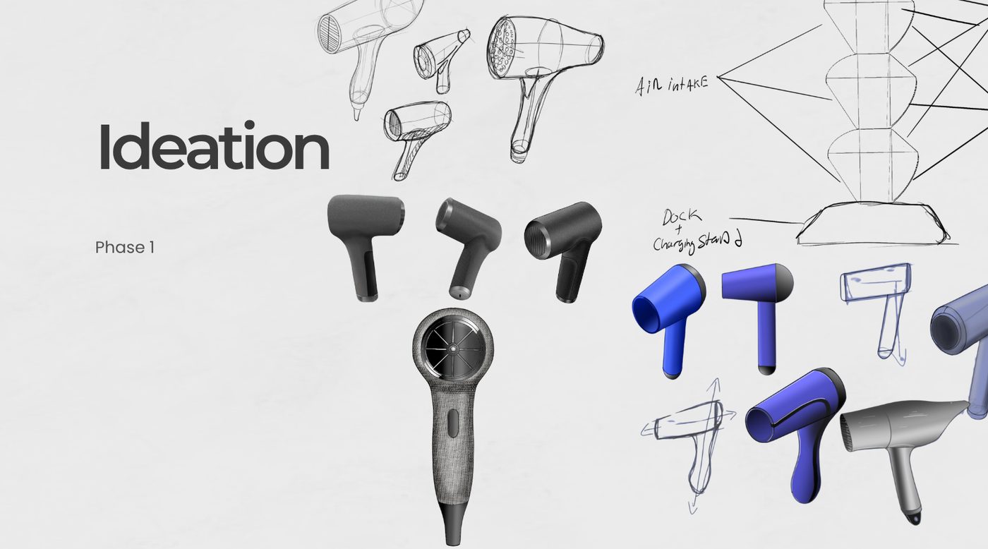 Sketch page of early hair dryer ideation, ranging from handheld wands to rendered blue concept forms.