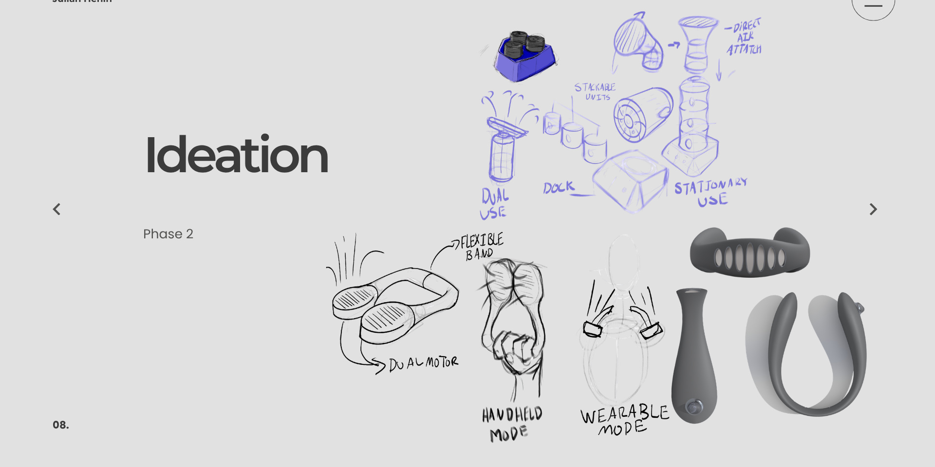 Phase 2 ideation sketches exploring dual-motor, dock, and stackable-unit concepts, alongside handheld-versus-wearable mode studies.