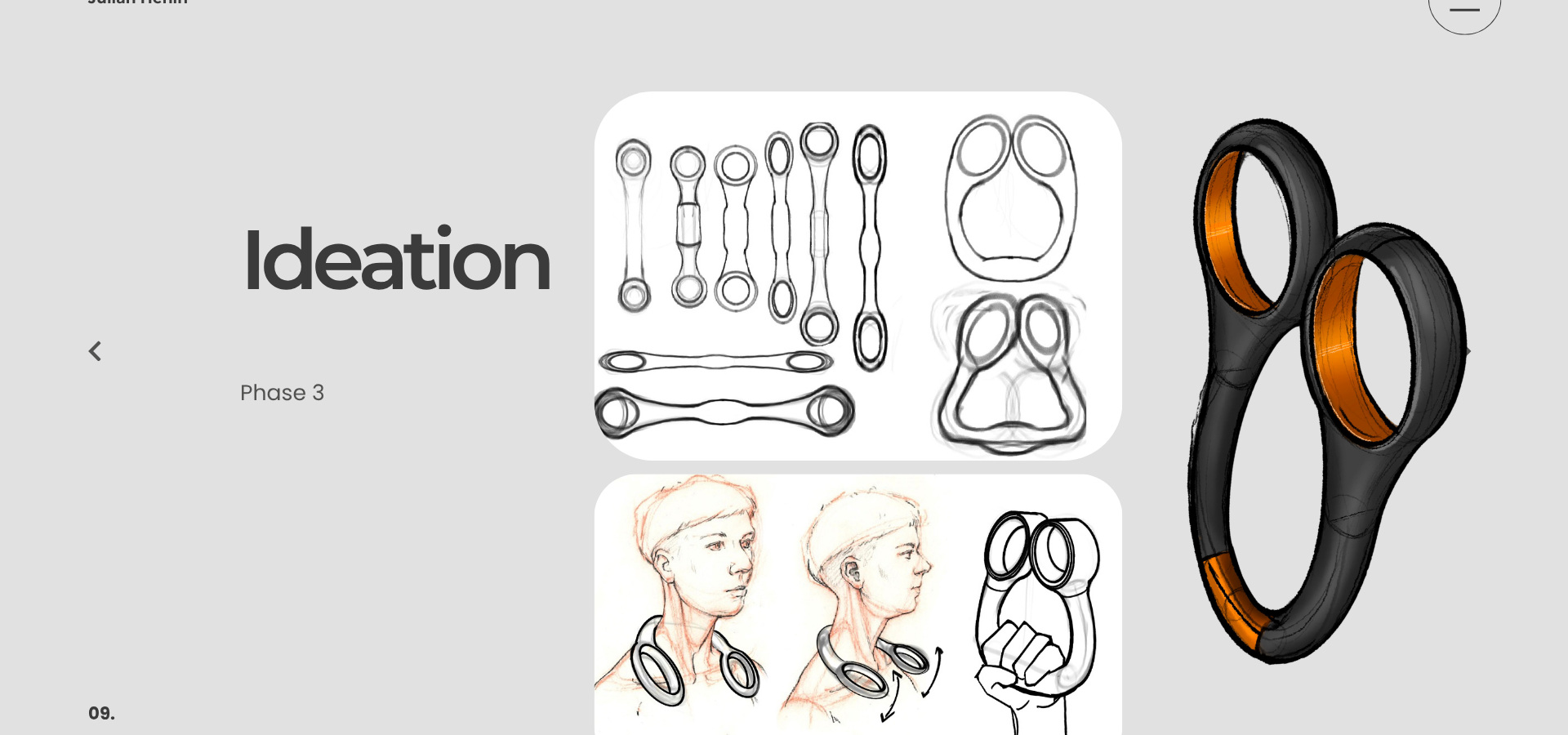 Phase 3 ideation: form studies of the collar shape and a sketch of it worn around a neck to check curve and clearance.