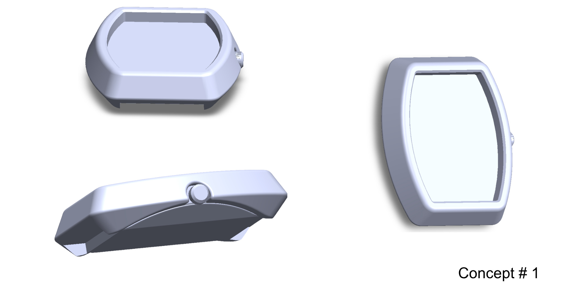 Phase 2 CAD study of the case shape from three angles, refining proportion before the dial and strap were designed.