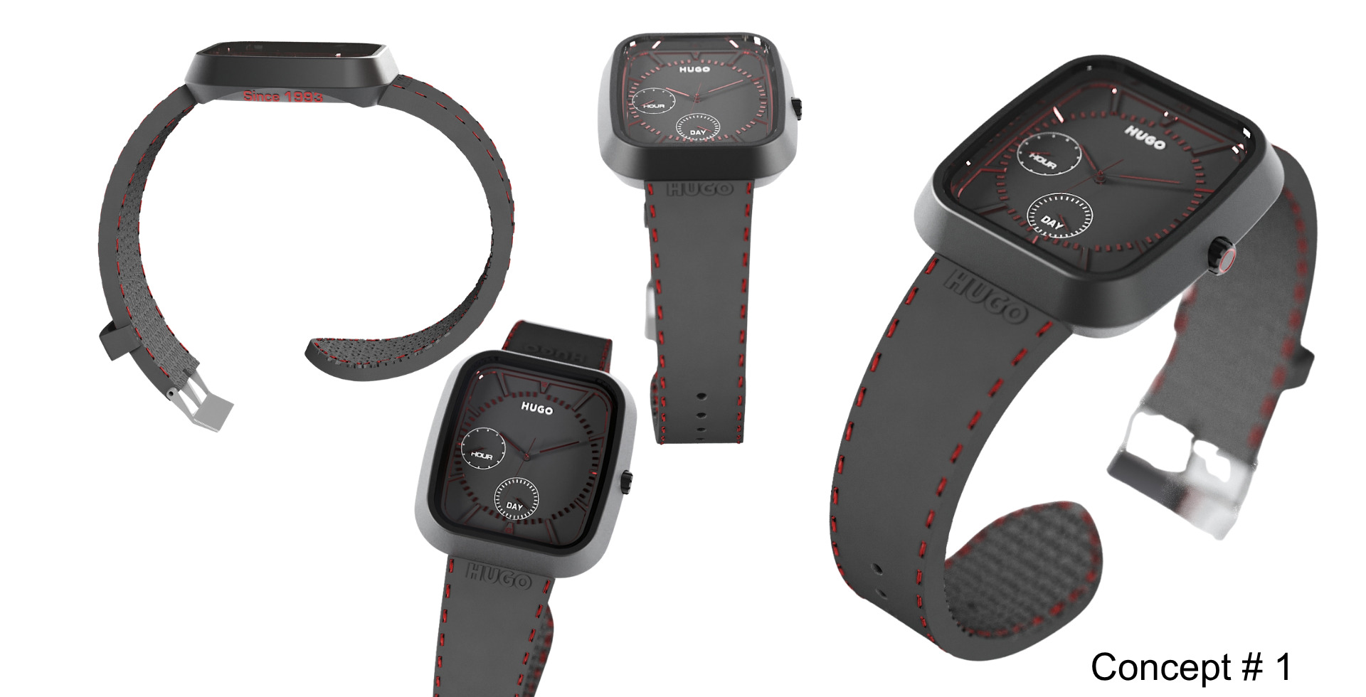 Three views of the Hugo smartwatch concept: band coiled flat, side profile, and worn on a model's wrist.