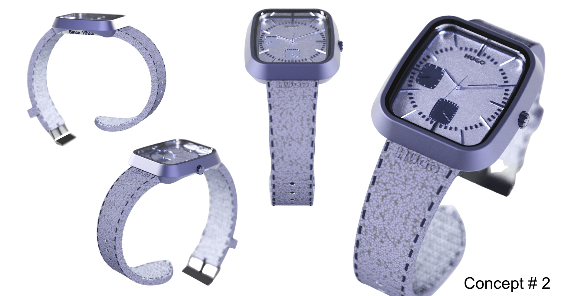 Concept 2 of the Hugo watch shown in a single purple colorway at 100 percent and 200 percent scale.