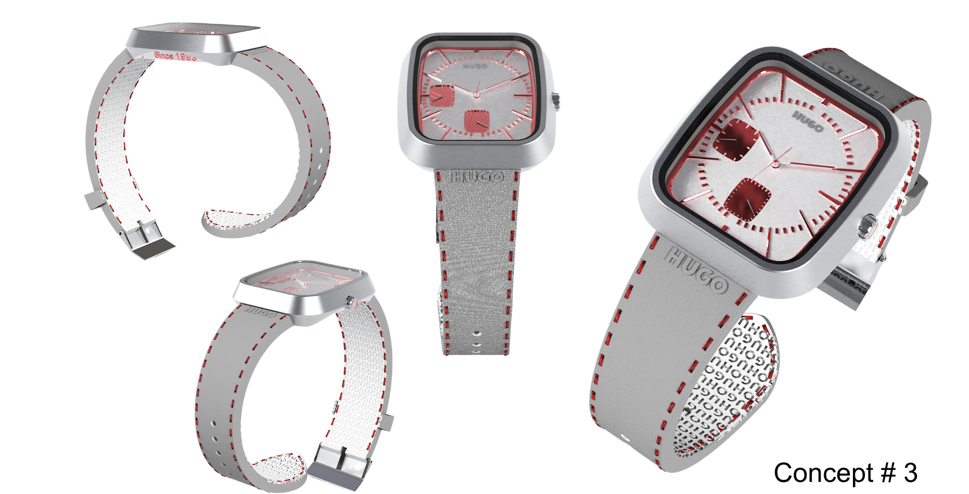 Concept 3 of the Hugo watch in a light case with a red dial, shown flat, worn, and at scale, with a repeating wordmark pattern in the strap lining.