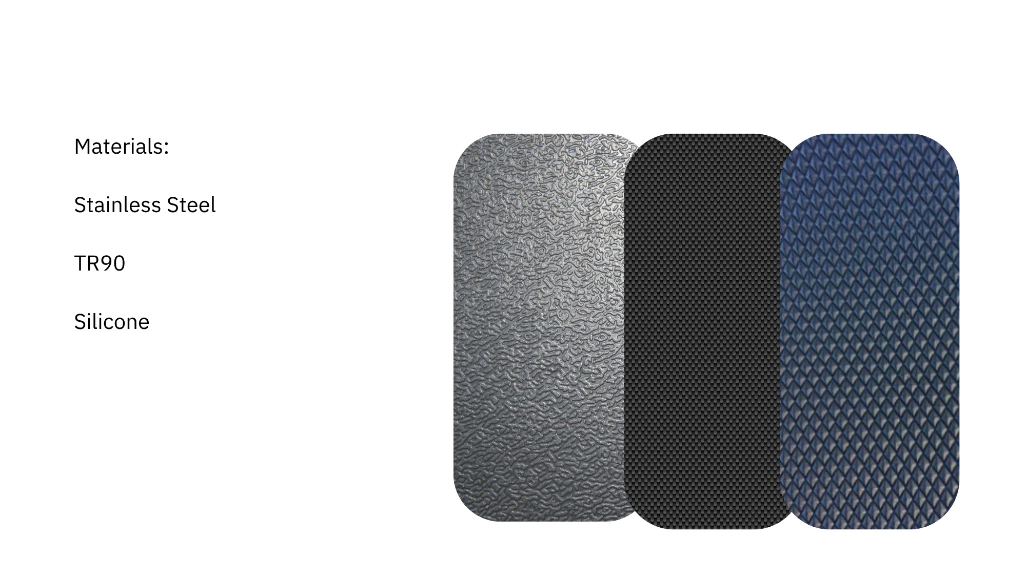 Material swatches for the Hugo watch: textured stainless steel, black woven textile, and blue diamond-patterned silicone.