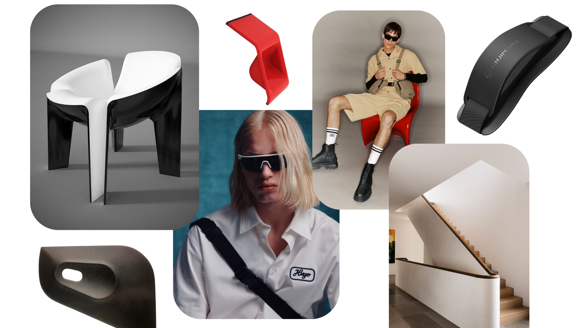 Mood board for the Hugo project featuring a sculptural chair, red plastic object, fashion editorial photography, and a curved staircase.