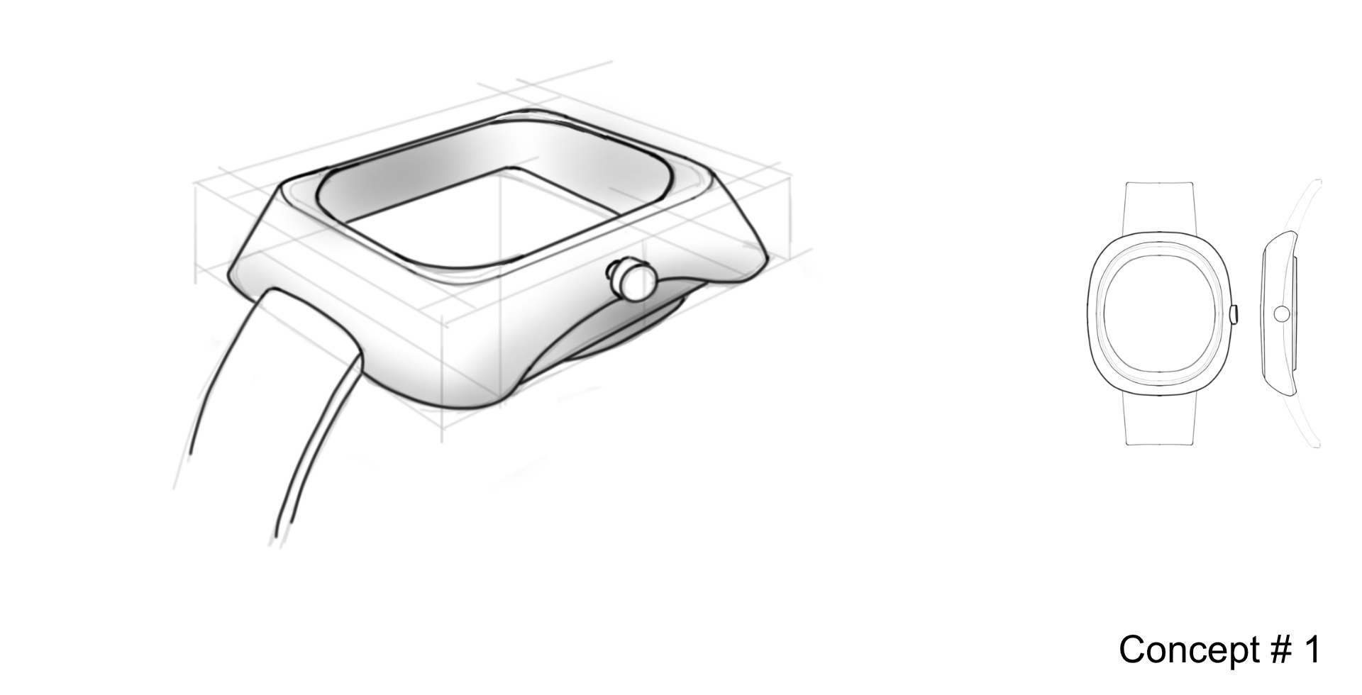 Early construction sketch of the Hugo case in perspective, with front and side orthographic views alongside.
