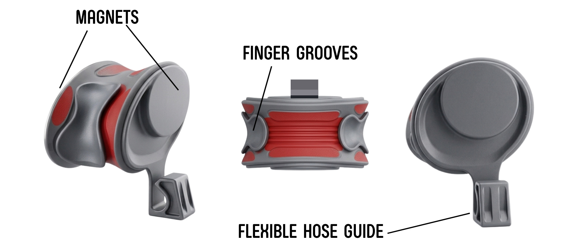 Annotated diagram of the hose management system showing the magnets, finger grooves, and flexible hose guide.
