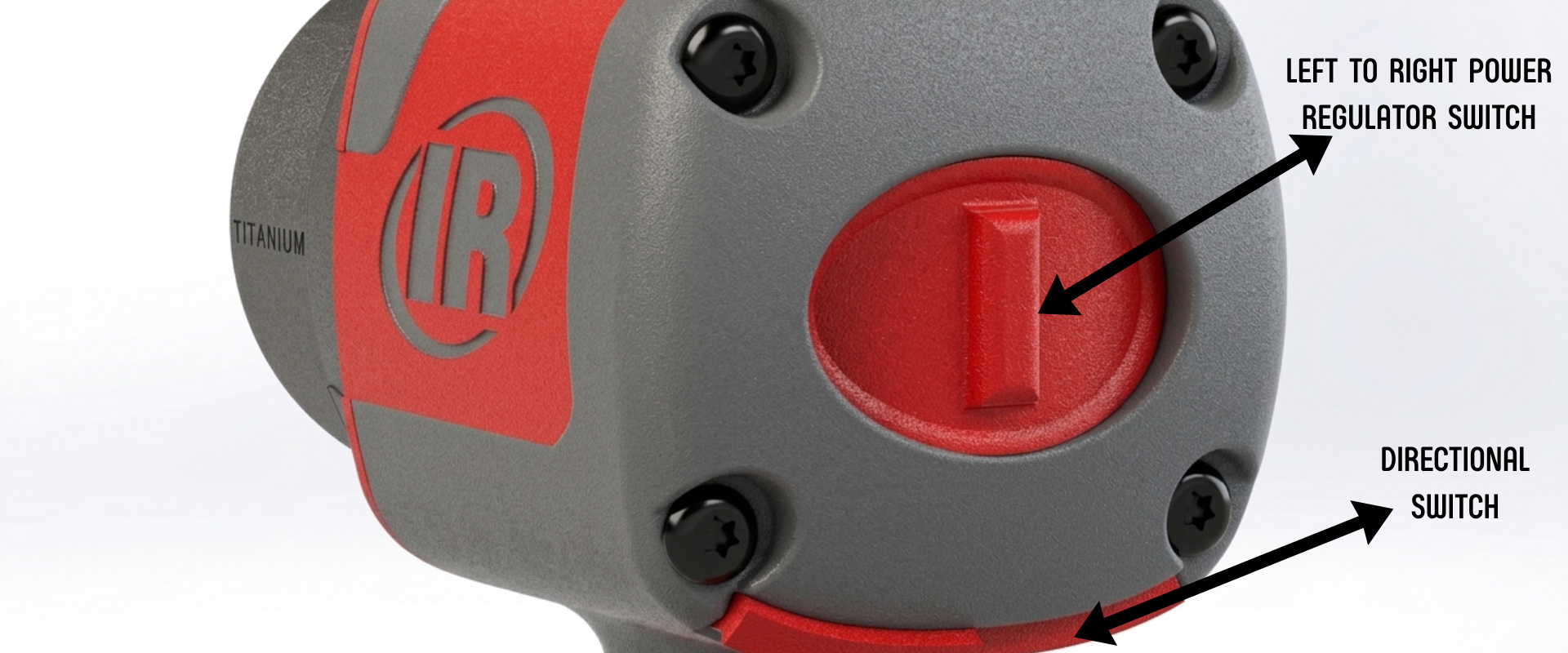 Annotated close-up of the final housing showing the left-to-right power regulator switch and directional switch.