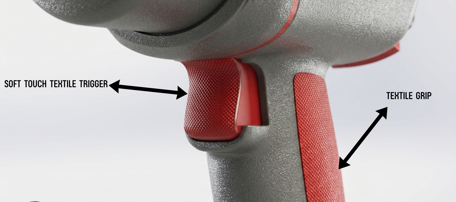 Close-up render of the textured red soft-touch trigger and grip on the final wrench.