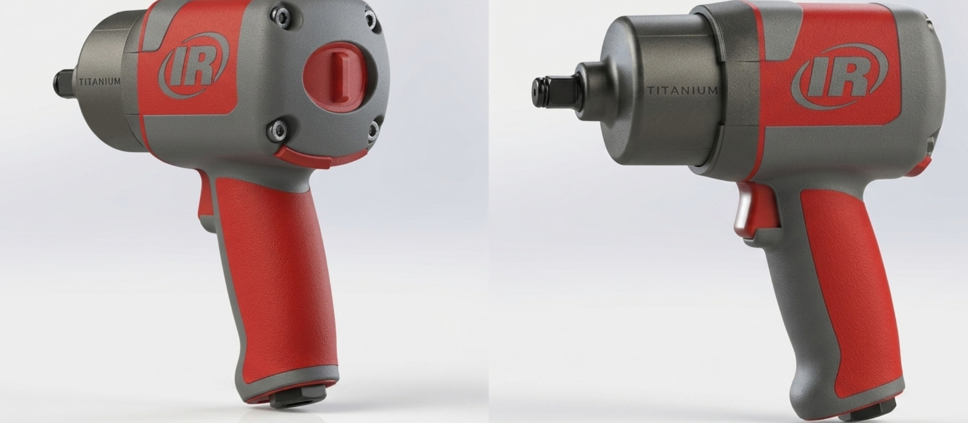 Final CMF renders of the redesigned Ingersoll Rand titanium impact wrench, shown from two angles in grey and red.