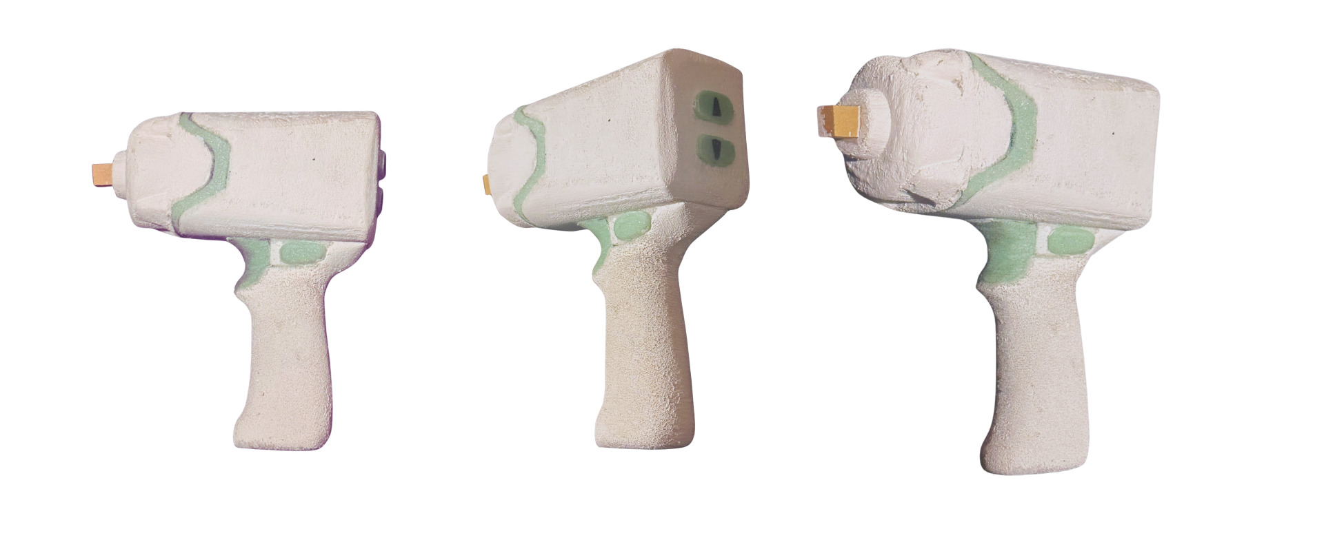 Three hand-shaped foam volume models exploring handle and housing proportions.
