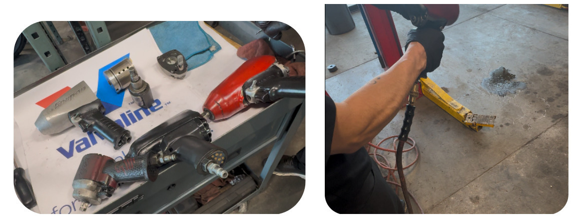 Photos from shop-floor user research: pneumatic tools laid out on a workbench and a mechanic using an impact wrench.